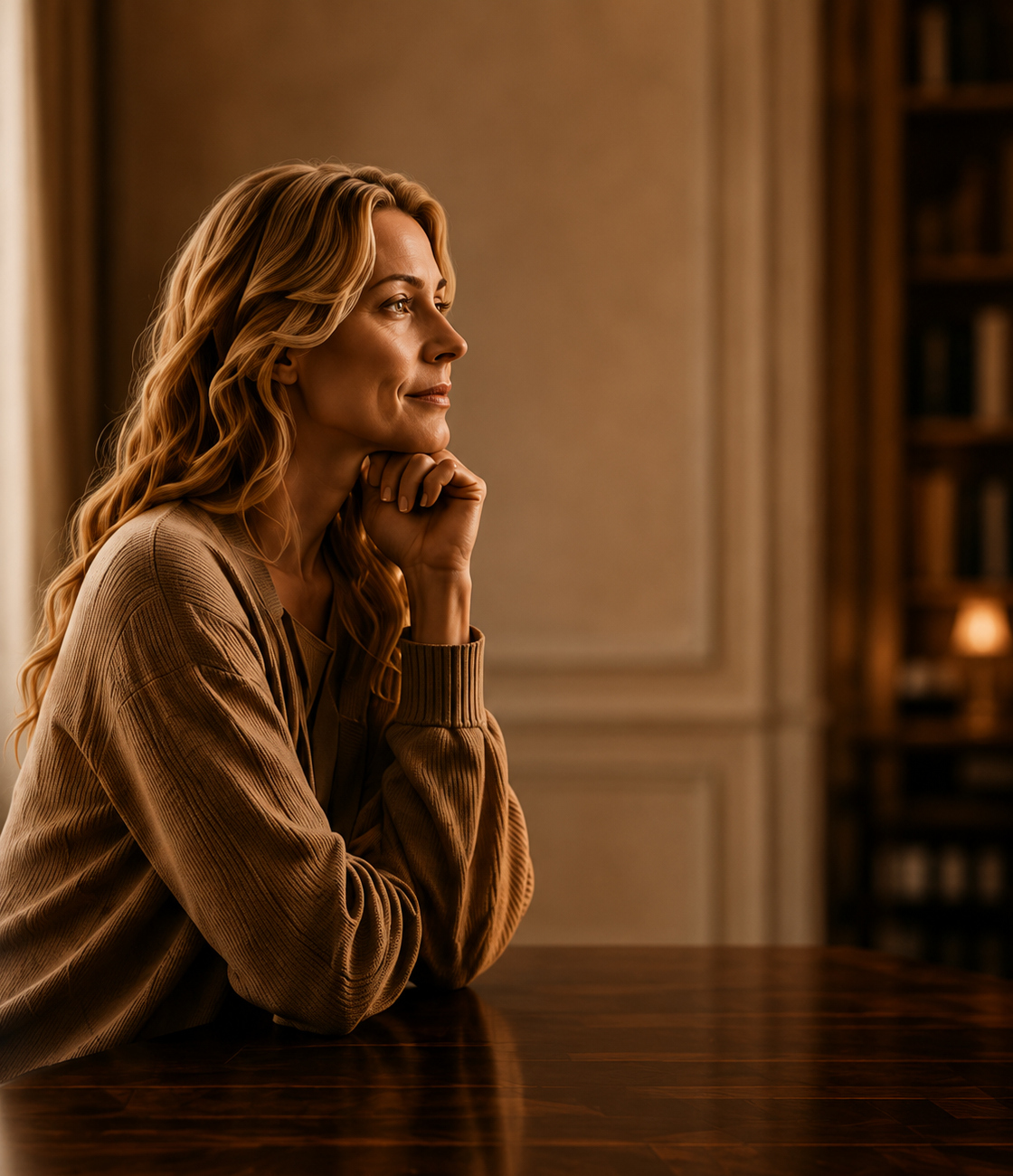 Woman reflecting at a table